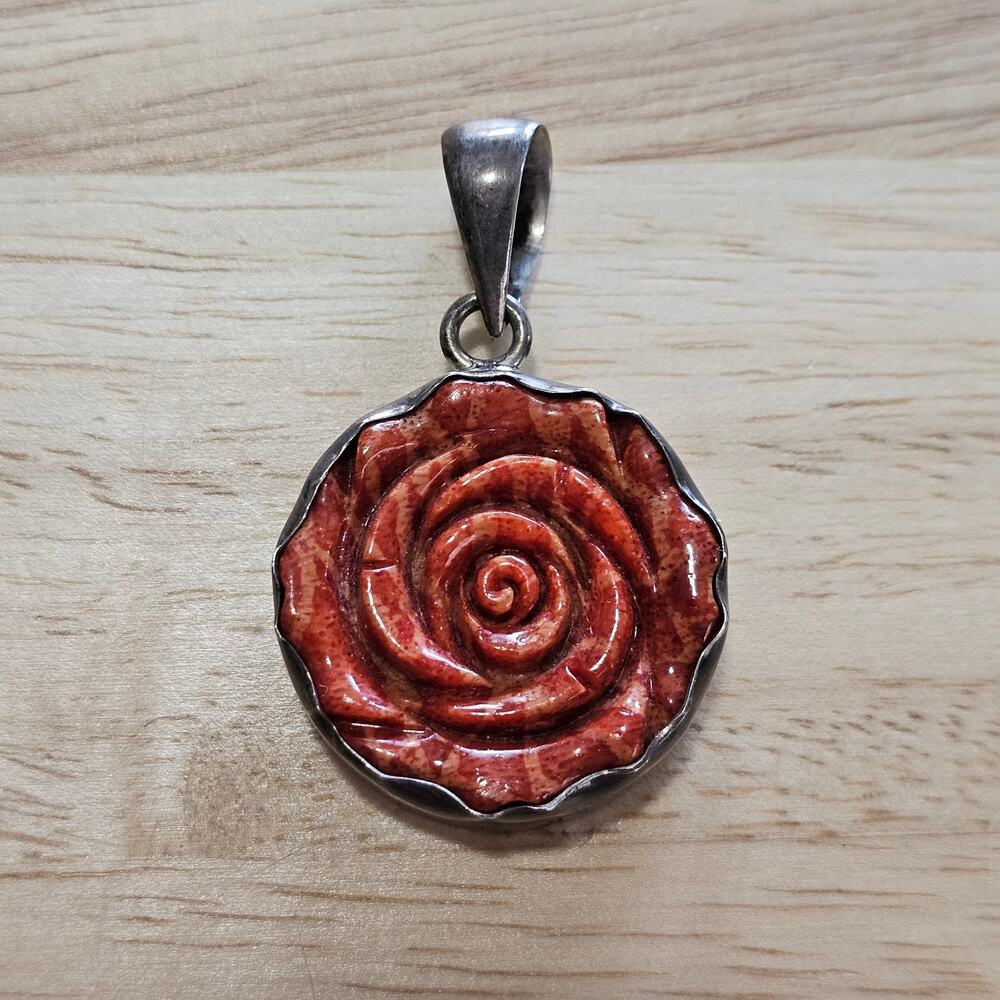 Charles Albert Sterling Silver Carved Coral Rose Pendant
